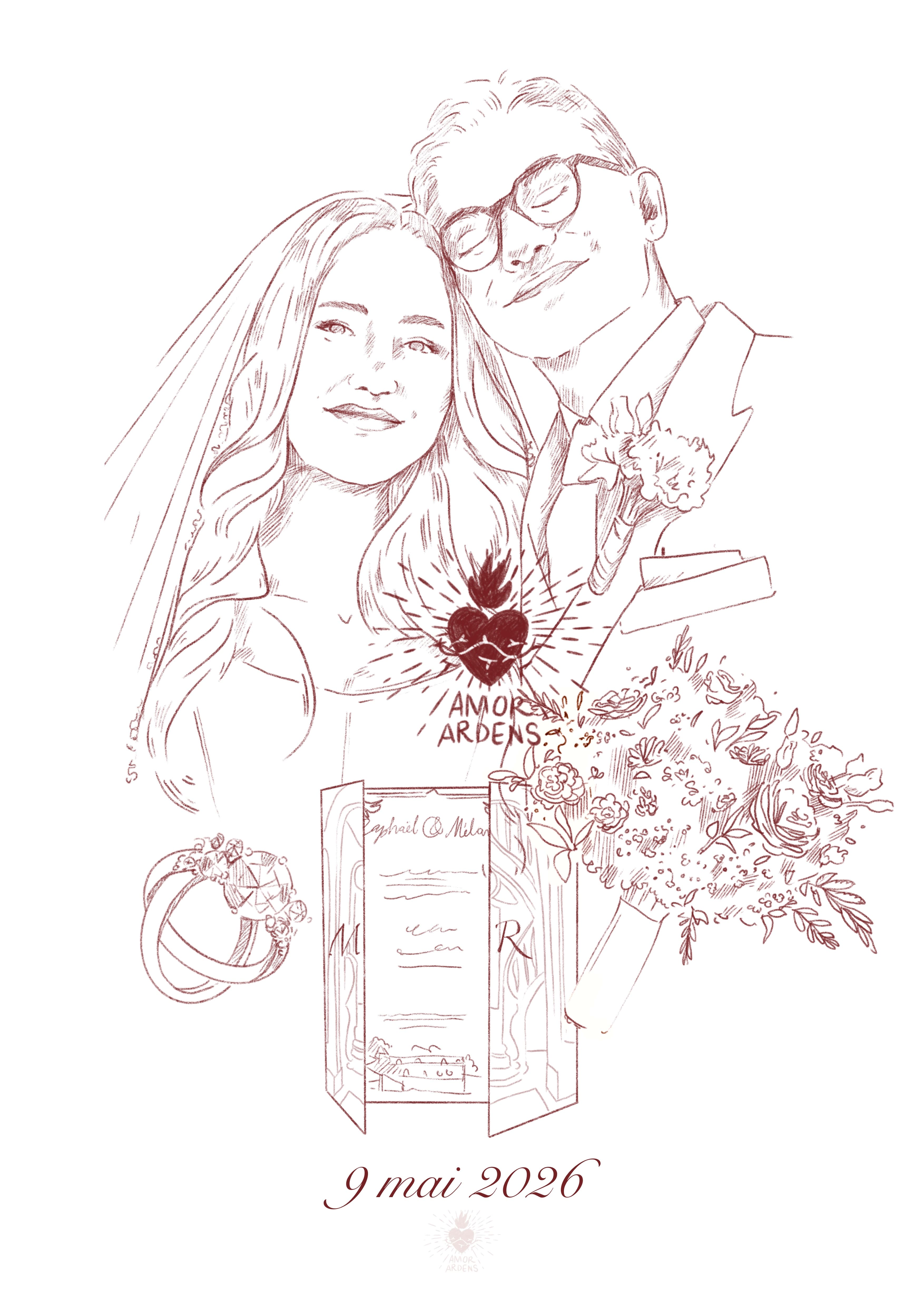 Portrait couple sur mesure — illustration catholique artisanale, vue 3